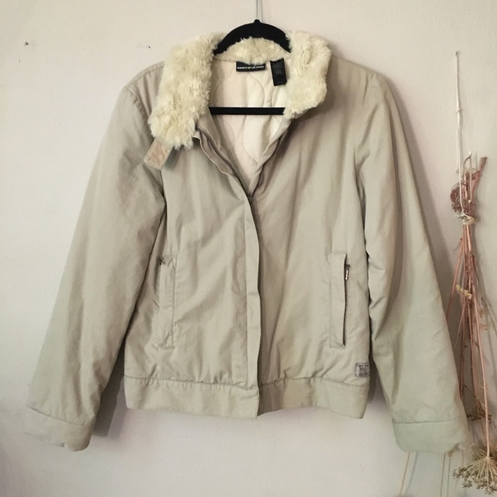 Vintage 90s DKNY tan bomber jacket with fur collar